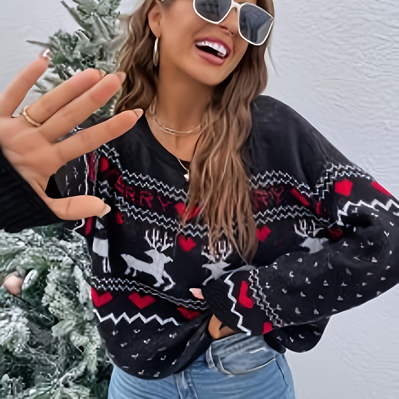 

Christmas Deer Pattern Crew Neck Sweater, Casual Long Sleeve Sweater For Fall & Winter, Women's Clothing