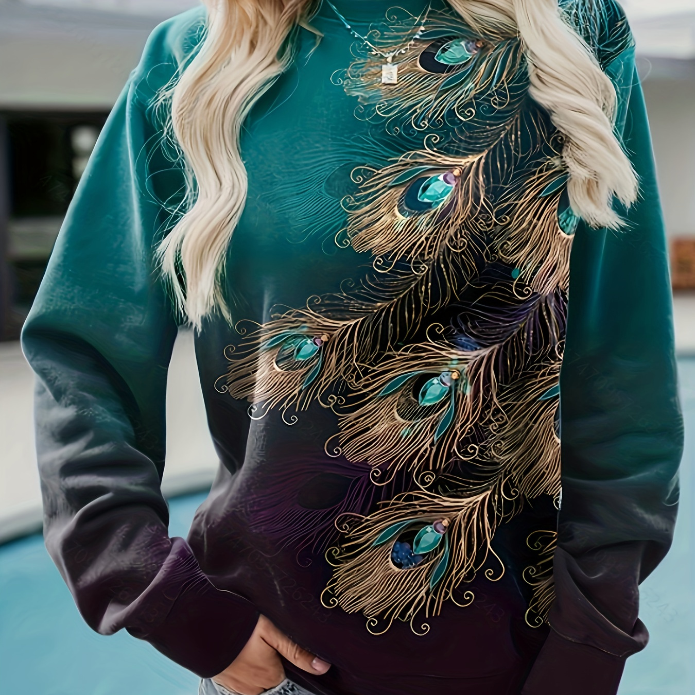 

Plus Size Casual Sweatshirt, Women's Plus Peacock Print Ombre Long Sleeve Crew Neck Slight Stretch Pullover Sweatshirt, Casual Tops For Fall & Winter, Plus Size Women's Clothing