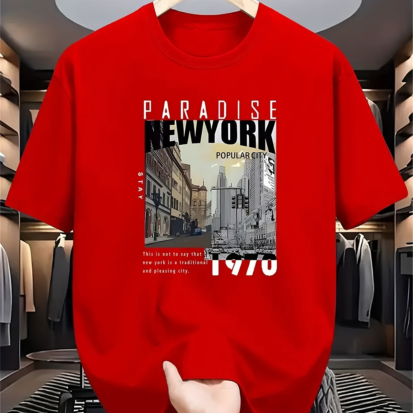 

Men' Casual Crew Neck T-shirt, Paradise New 1970s Print, Comfortable All- Short Sleeve Tee, Polyester 95% Elastane 5%, Stretch, Summer Knit Fabric, Regular Fit - 180gsm