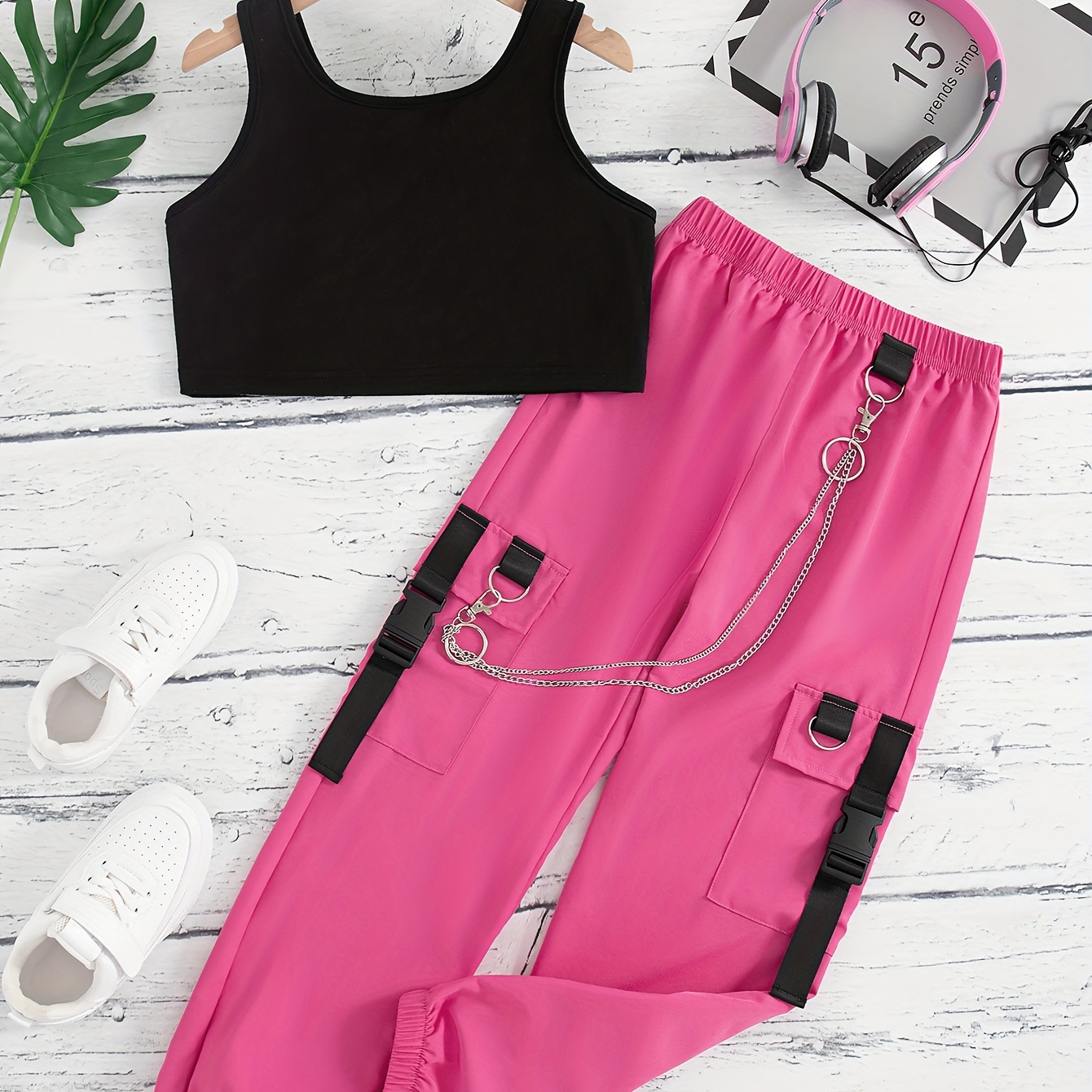

Teen Girls Outfit Solid Regular Rib-knit Tank Top & Tape Decor Cargo Trousers Sporty K-pop Two-piece Summer Set
