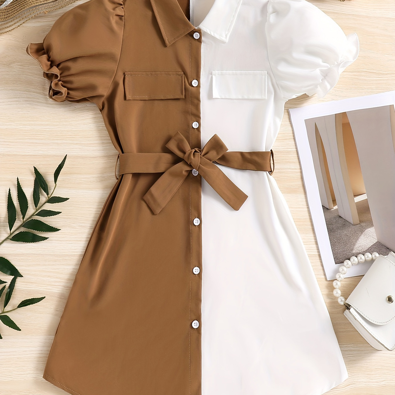 

Girls Trendy Color Splicing Button Up Shirt Dress, Holiday Summer Going Out Casual Dresses, Gift