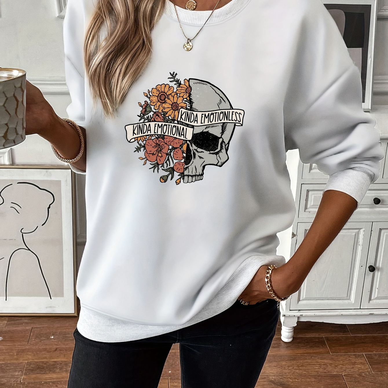 

Skull & Floral Print Sweatshirt, Casual Long Sleeve Crew Neck Sweatshirt, Women's Clothing