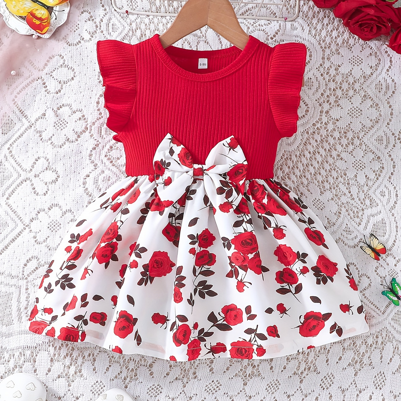 

Baby's Bowknot Decor Casual Flower Pattern Cap Sleeve Dress, Infant & Toddler Girl's Clothing For Daily Wear/holiday/party, As Gift
