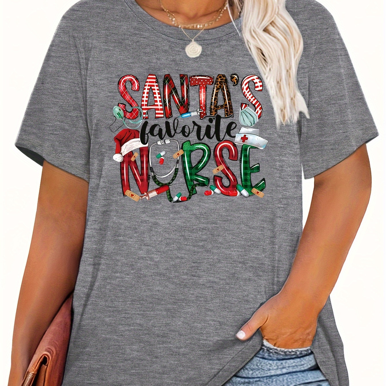 

Nurse Graphic T-shirt For Women - Casual Cotton Blend Knit Fabric, Christmas Pattern, All-season Comfort, Round Neck, Elasticity - Perfect For Teachers And Nurses