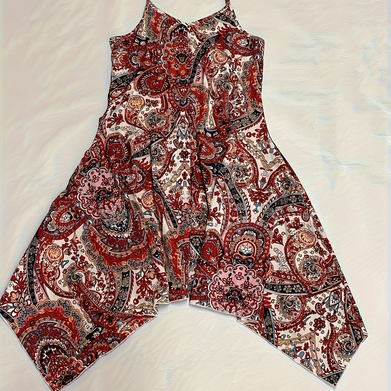 

Paisley Print Asymmetric Hem Cami Dress, Vacation Sleeveless Spaghetti Strap Dress, Women's Clothing