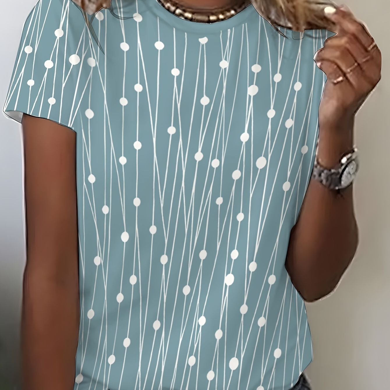

Plus Size Line & Polka Dot Print T-shirt, Casual Short Sleeve Top For Spring & Summer, Women's Plus Size Clothing