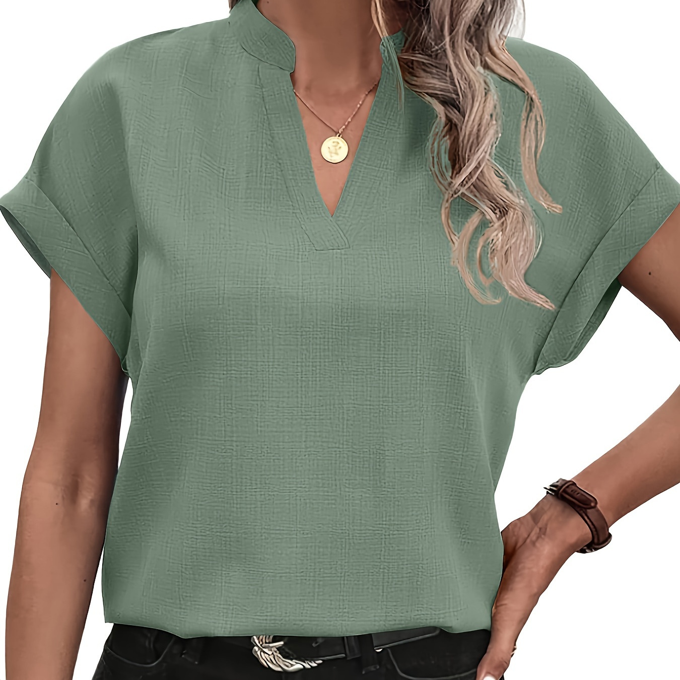 

Solid Color V Neck Blouse, Casual Short Sleeve Top For Spring & Summer, Women's Clothing