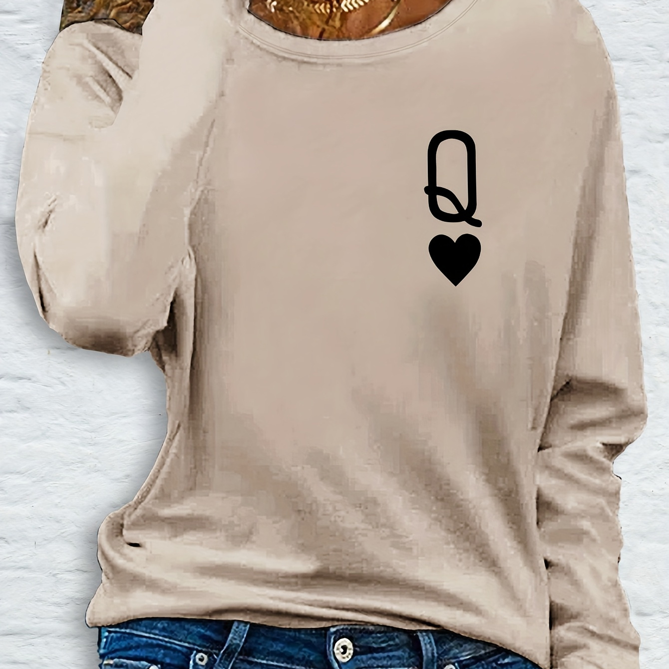 

Women's Casual Long Sleeve T-shirt With Letter Applique, Crew Neck, Polyester Knit Fabric, Medium Stretch, Regular Fit, 180gsm - Fall Fashion Top