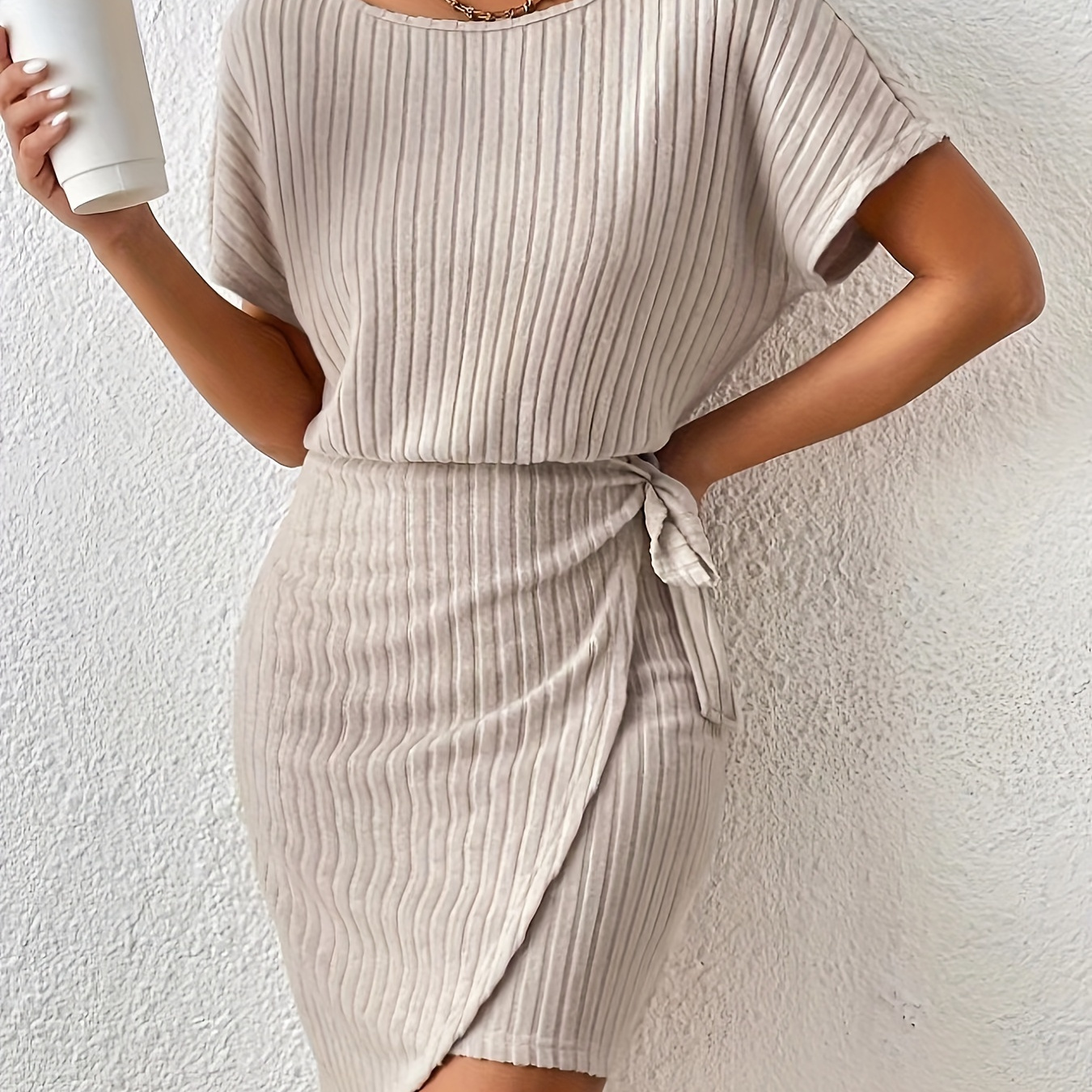 

Solid Color Knot Dress, Elegant Batwing Sleeve Crew Neck Ribbed Dress For Spring & Summer, Women's Clothing