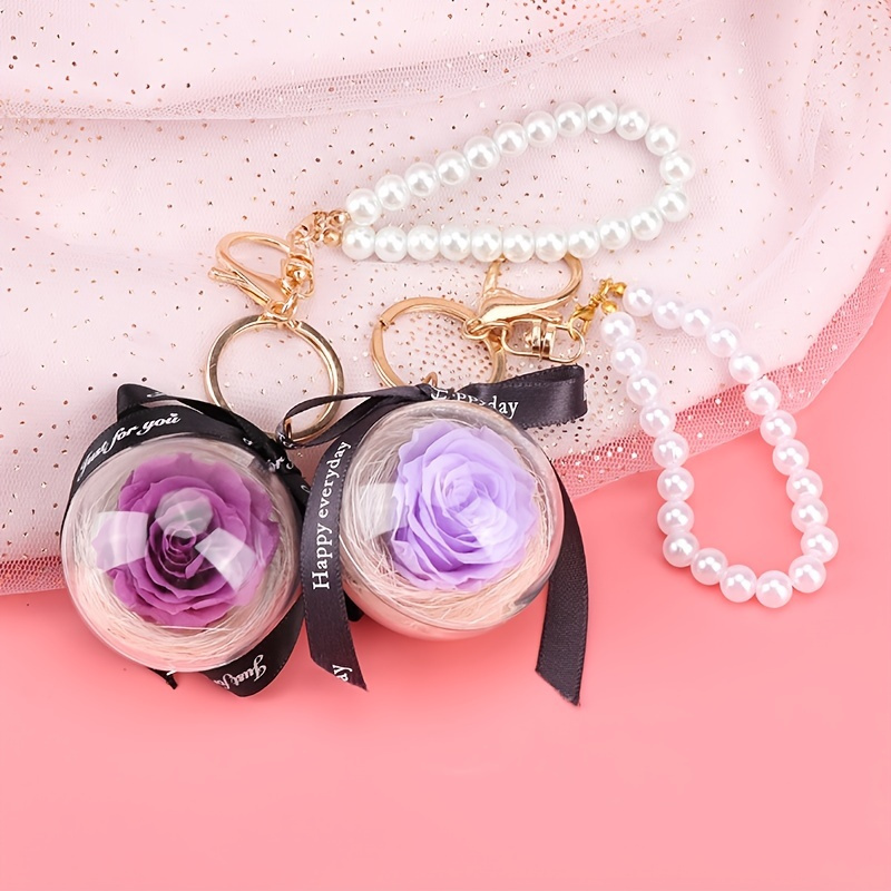 Valentine's Day Bow Real Rose Eternal Flower Pearl Chain Key Chain Creative  Rose Car Key Chain Bag Pendant Gift - Temu