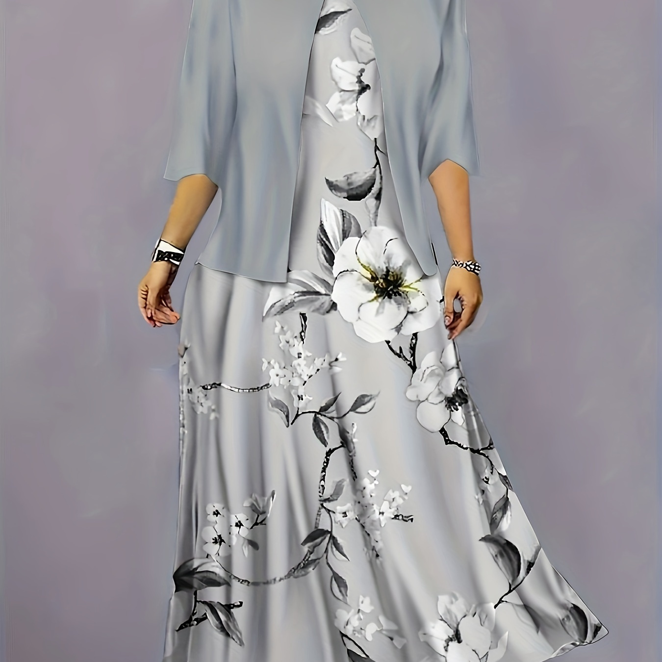 

Plus Size Floral Print Two-piece Set, Crew Neck Tank Dress & 3/4 Sleeve Open Front Top Outfits, Women's Plus Size clothing