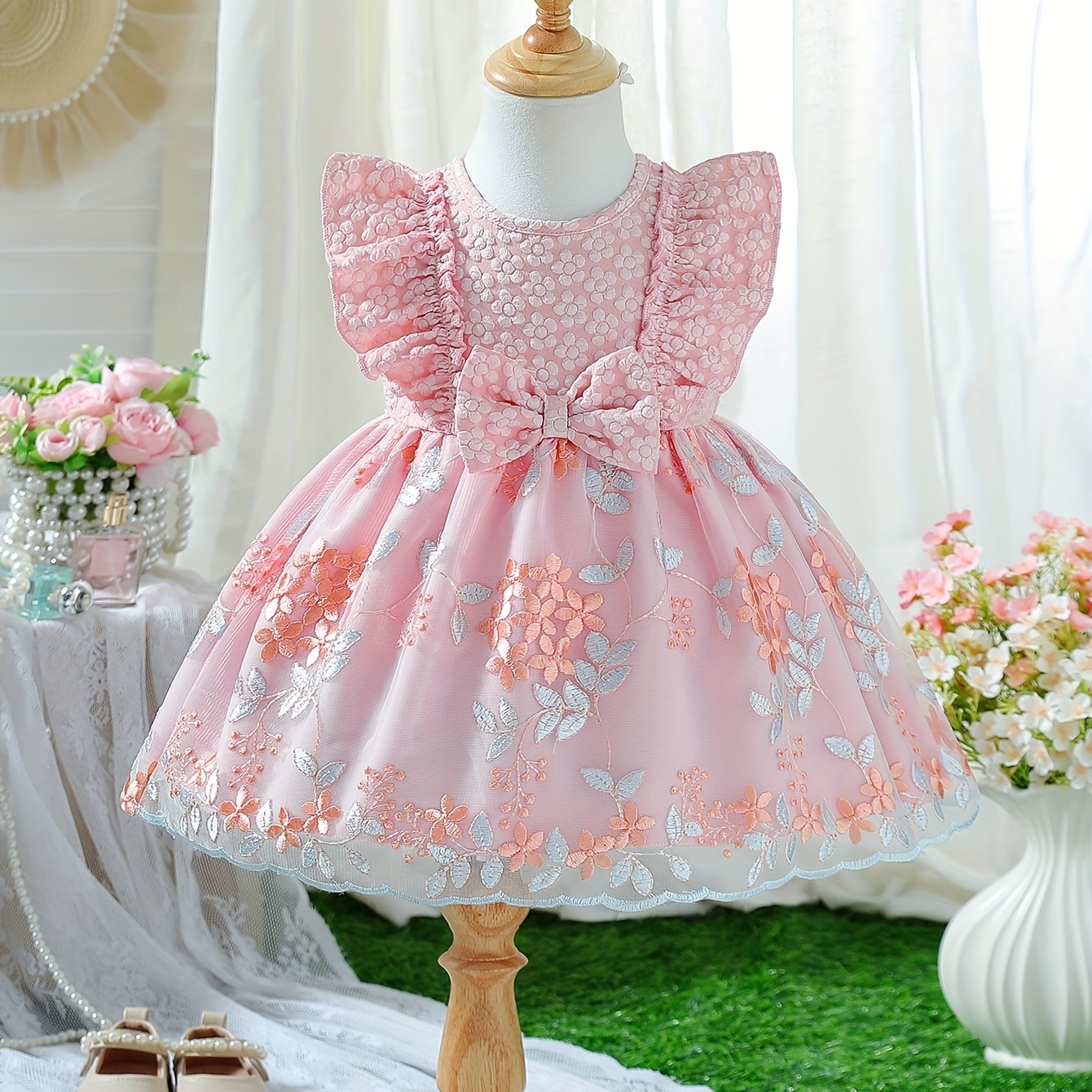 

Baby's Flower Embroidered Mesh Splicing Princess Dress, Jacquard Cap Sleeve Gowns, Toddler Girl's Clothing For Formal Occasion/birthday Party/photography/banquet