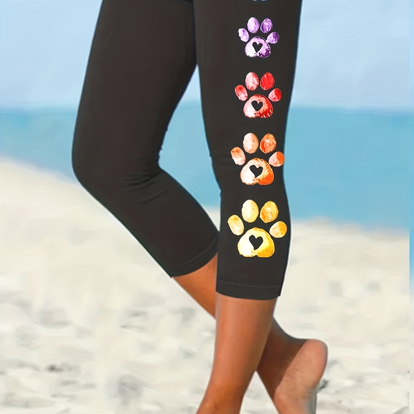 

Dog Footprint Print Skinny Capris Leggings, Casual Crop Leggings For Spring & Summer, Women's Clothing