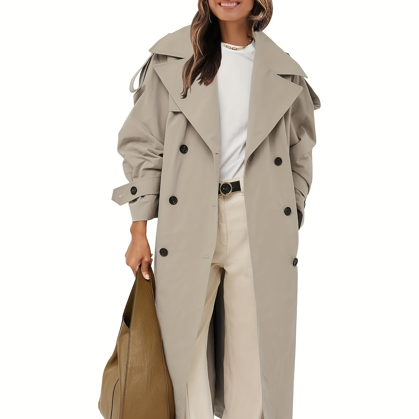

Womens Oversized Long Trench Coat Double Breasted Lapel Windproof Overcoat With Belt