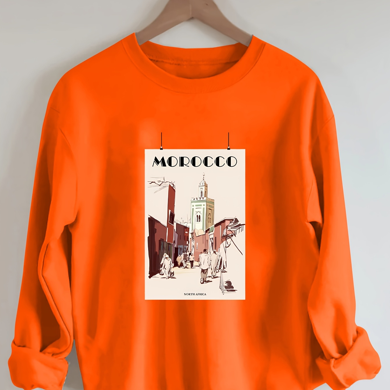 

[1pc Morocco-inspired Sweatshirt] Morocco-inspired Graphic Neck Sweatshirt For Women, Casual Polyester Knit Fabric Pullover, With Vintage Town Design, For Fall/winter