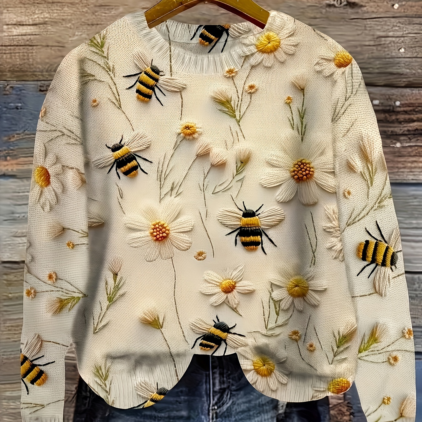 

Flower & Bee Pattern Crew Neck Sweater, Casual Long Sleeve Thin Sweater For Spring & Fall, Women's Clothing