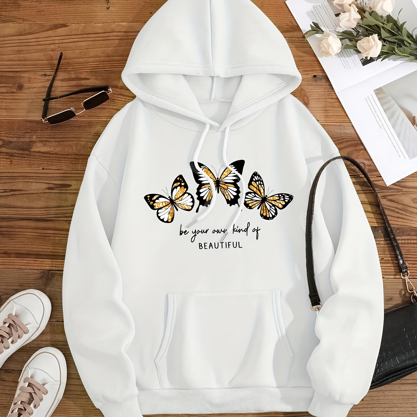 

Women's Casual Polyester Hoodie With Print And Alphabet Detail, Knit Fabric Hooded Sweatshirt With Pockets, Fall/ Hoodie With Drawstring