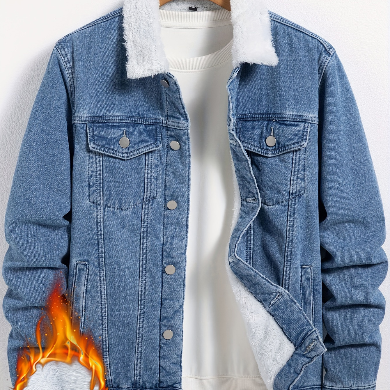 

Men's Casual Denim Jacket With Fleece Collar, Stylish Comfy Denim Jacket, Suitable For