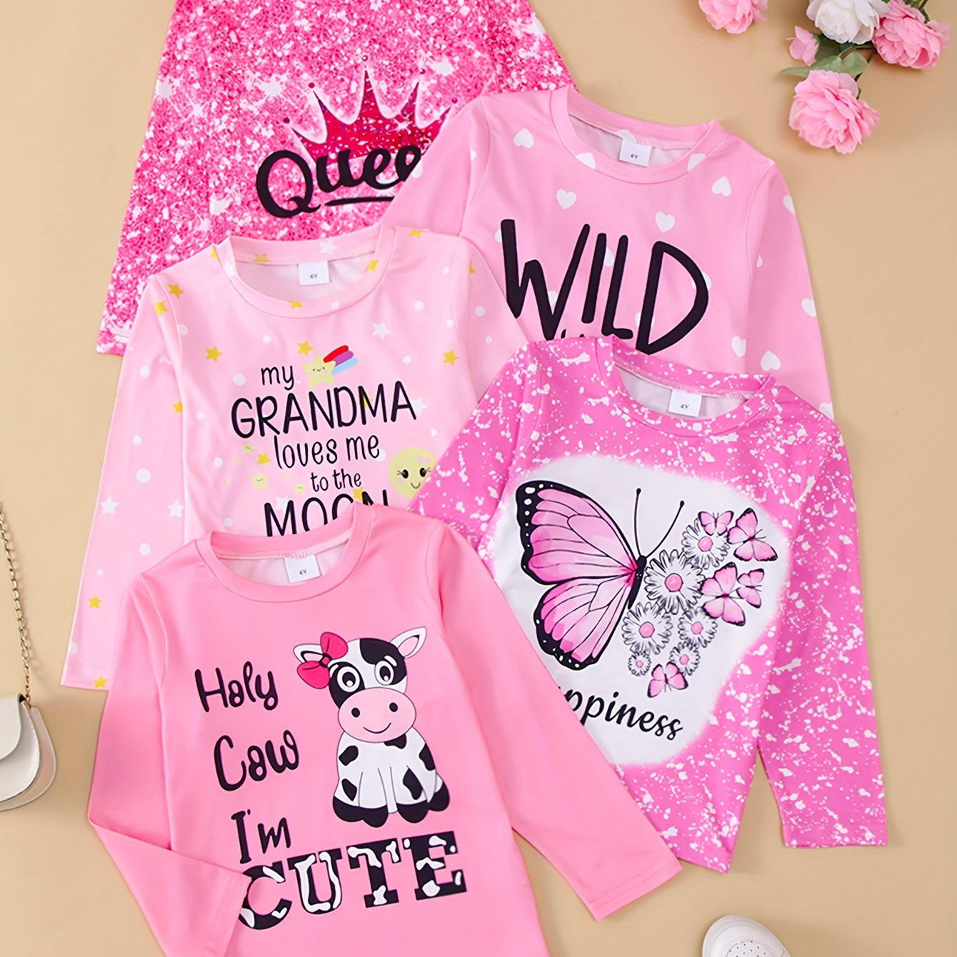 

Cartoon Cow/butterfly With Flowers/rocket/queen With Stars Graphic Print, Girls 5pcs/set Casual & Trendy Long Sleeve T-shirts For Spring & Fall, Girls Comfy Clothes