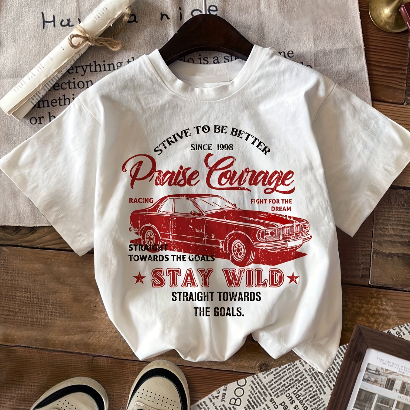 

Car & Letter Print T-shirt, Short Sleeve Crew Neck Casual Top For Summer & Spring, Women's Clothing