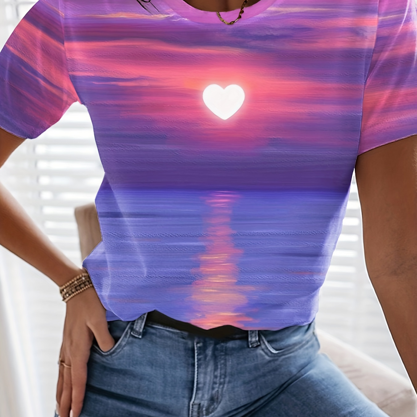 

T-shirt Imprimé Coucher De Soleil, Haut Décontracté À Manches Courtes Et Col Rond Pour L'été Et Le Printemps, Vêtements Pour Femmes