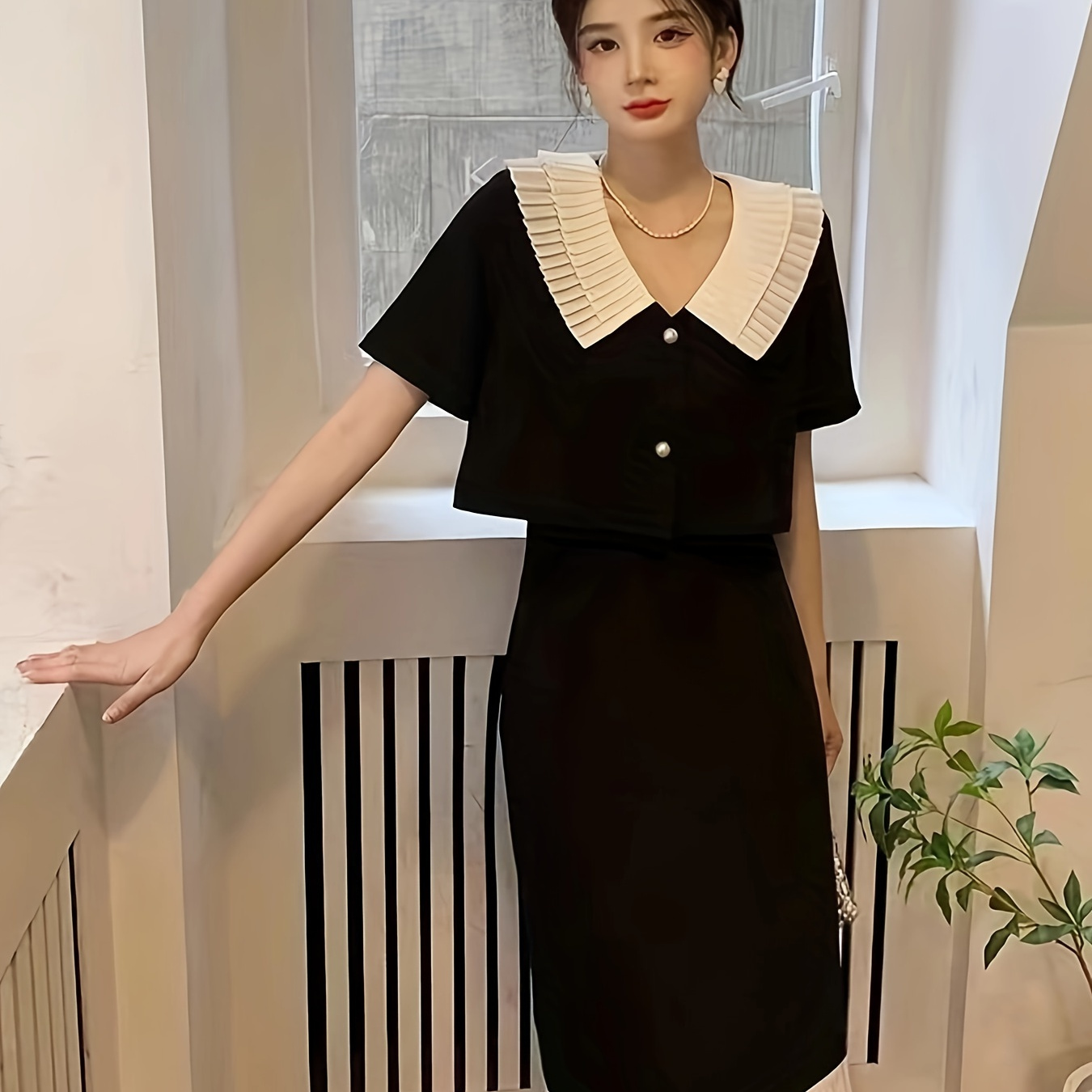 

Elegant Contrast Trim Skirt Set, Collar Single Breasted Top & Pleated High Waist Skirt, Women's Clothing