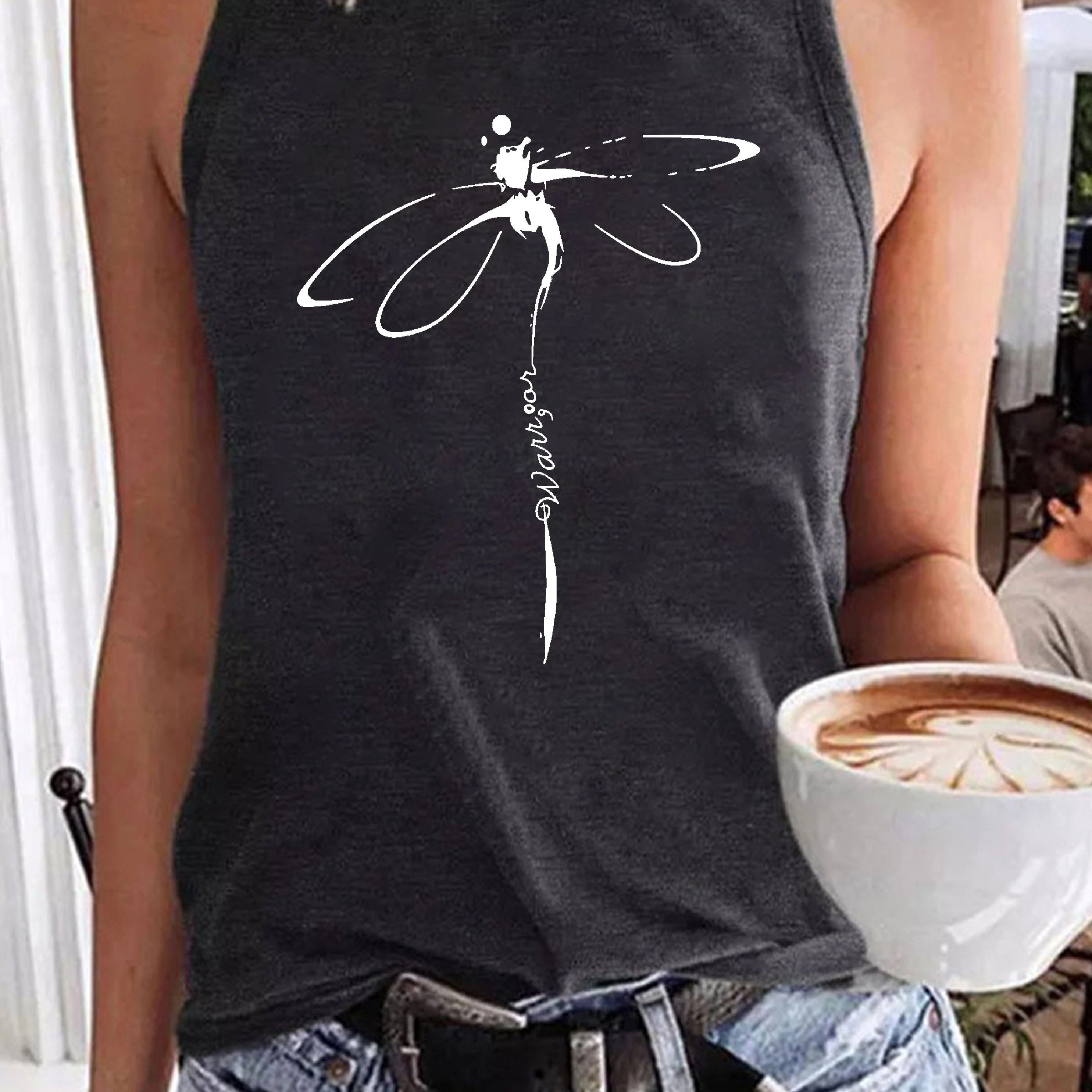 Dragonfly Print Tank Top, Casual Crew Neck Summer Sleeveless Top, Women's Clothing