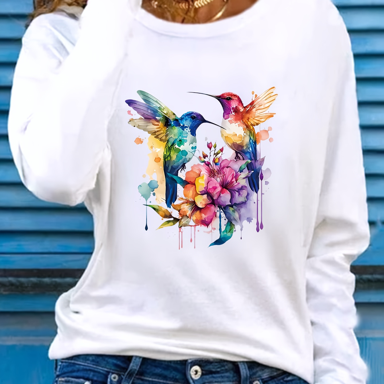 

Women's Casual Long Sleeve T-shirt With Hummingbird & Floral Print - Crew Neck, Soft Polyester , Machine Washable - Fall/spring