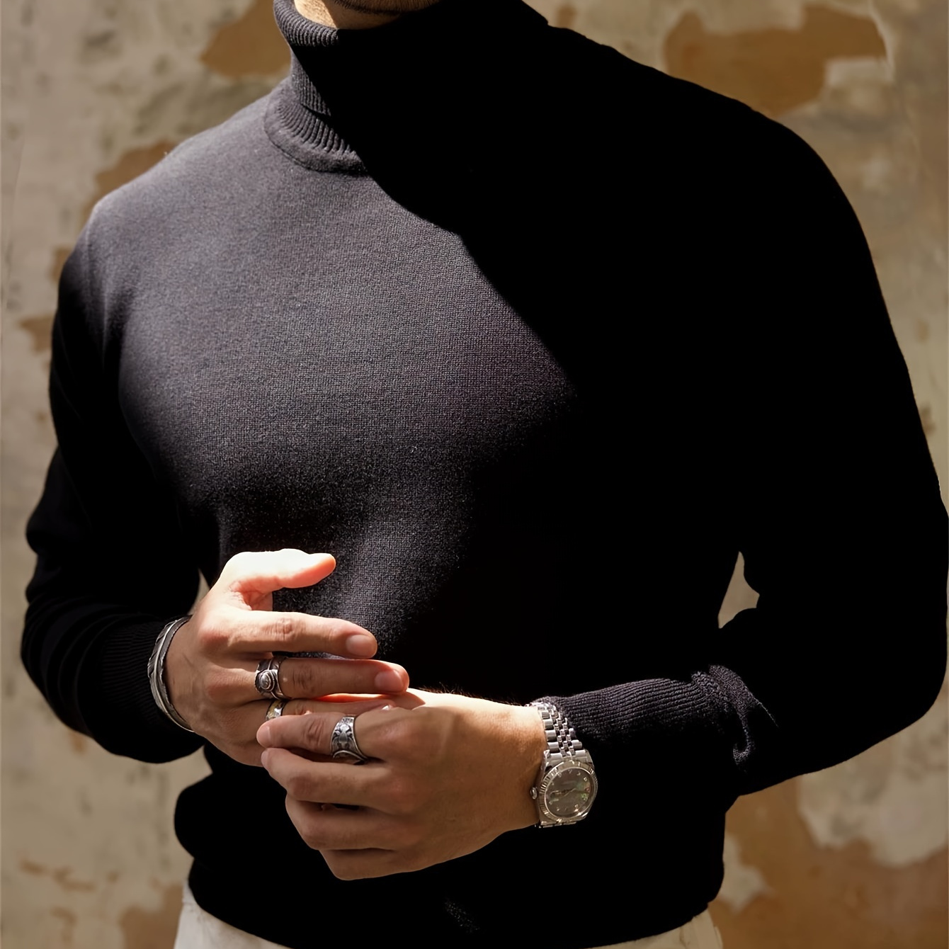 

1pc Men's Casual Neck Sweater - Solid Color Polyester Knit Fabric, Long Sleeve, Regular Fit, For Fall/winter, Khan, Obm