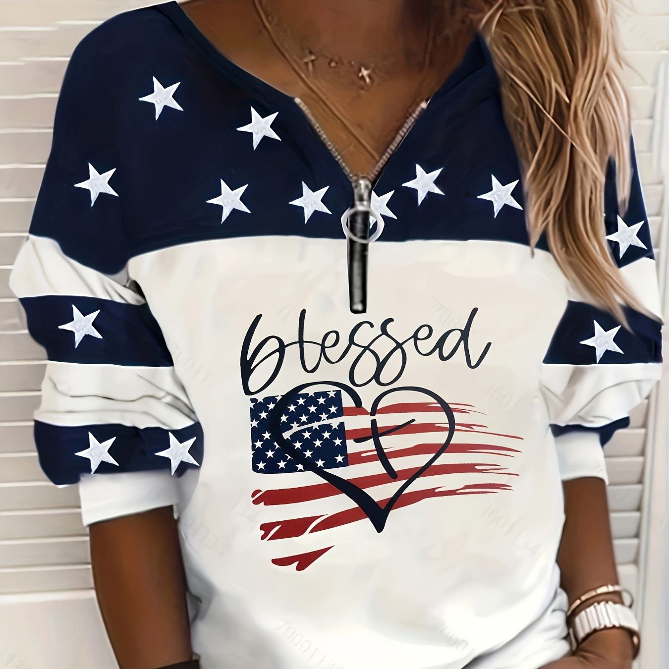 

American Flag Print Quarter Zip Sweatshirt, Casual Long Sleeve Sweatshirt For Fall & Winter, Women's Clothing