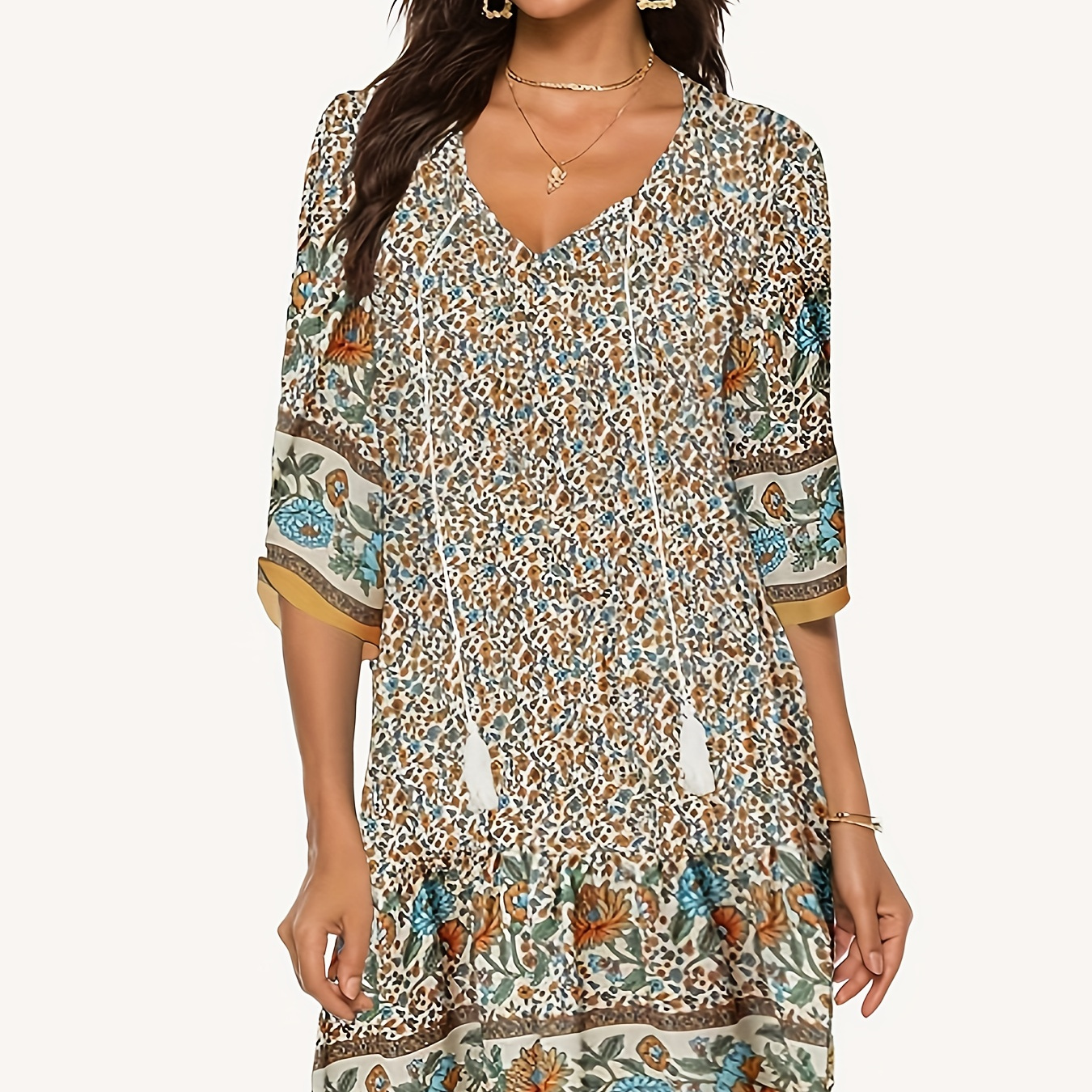 

Allover Print Tie Neck Dress, Casual Half Sleeve Dress For Spring & Summer, Women's Clothing