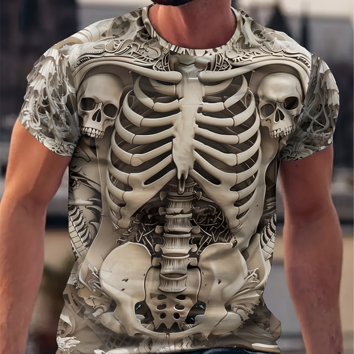 

Men's 3d Skeleton Print T-shirt, Casual Crew Neck, 100% Polyester Knit Fabric, Slight Stretch, Regular Fit, 110gsm - Fashionable Short Sleeve Tee