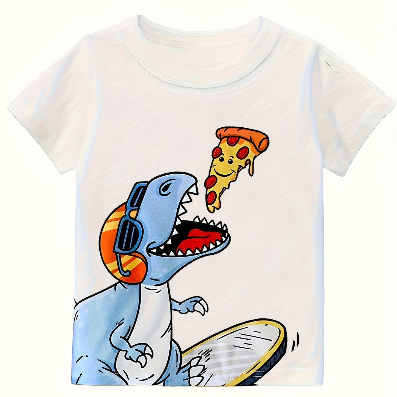 

Dinosaur Eating Pizza Print, Boy's Graphic Design Crew Neck Short Sleeve T-shirt, Casual Comfy Top For Summer