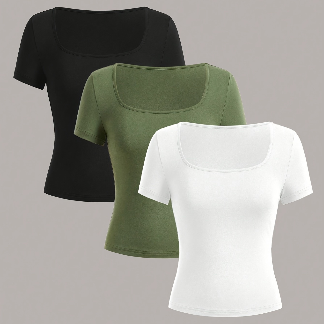 

3pcs Women's Essential Solid Color T-shirts - Square Neck, Short Sleeve, Slim Fit Basic Tees In Black, White, & Brown - Polyester , Machine Washable For