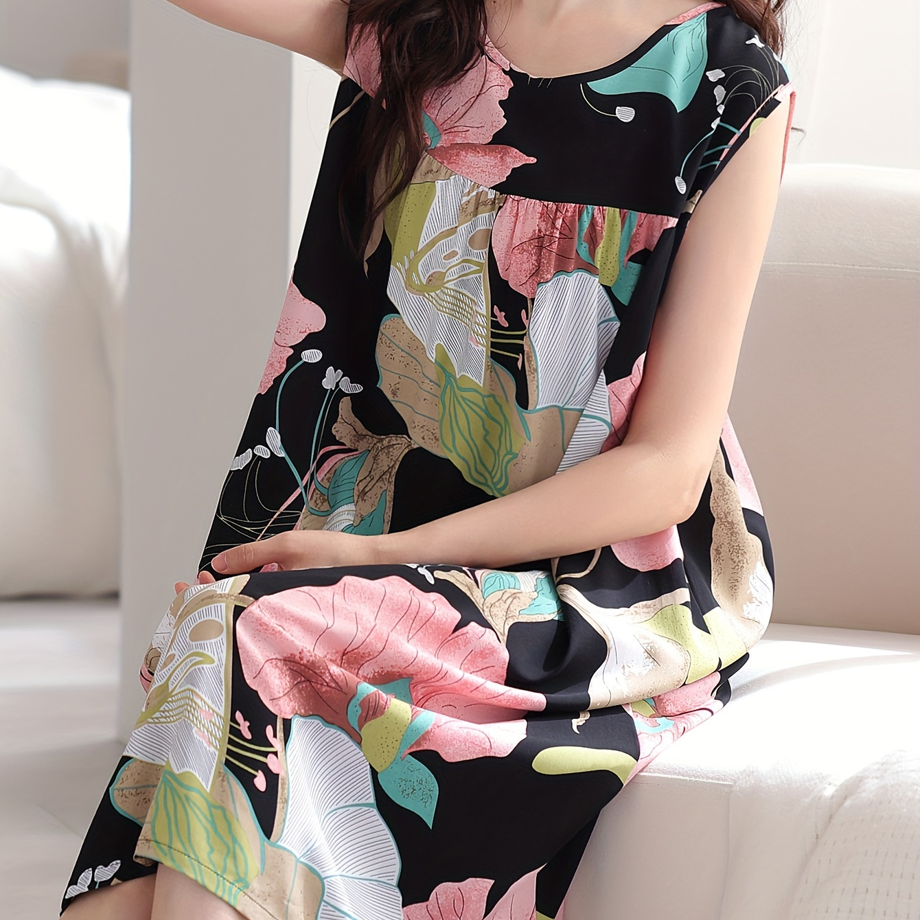 

Women's Floral Print Elegant Loose Fit Sleepwear Dress, Round Neck Sleeveless Tank Dress, Comfortable Nightgown