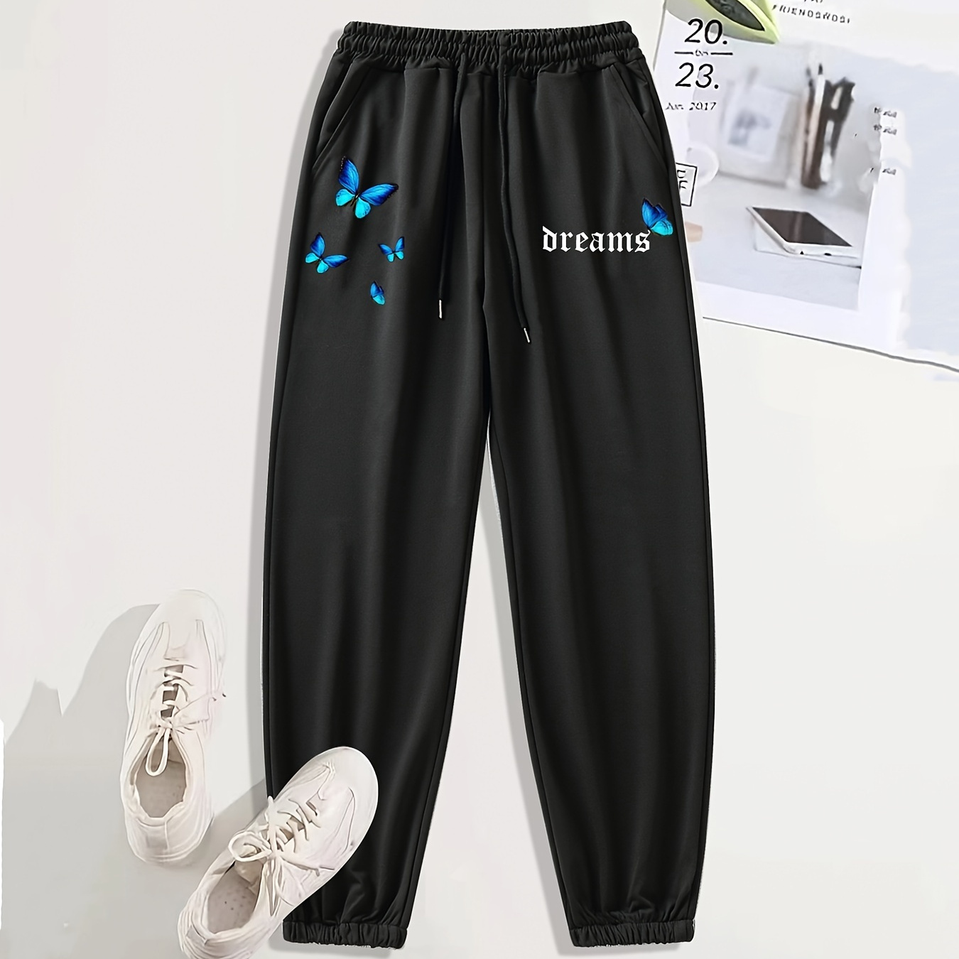 Butterfly Print Casual Sports Pants Solid Drawstring Side Pockets ...
