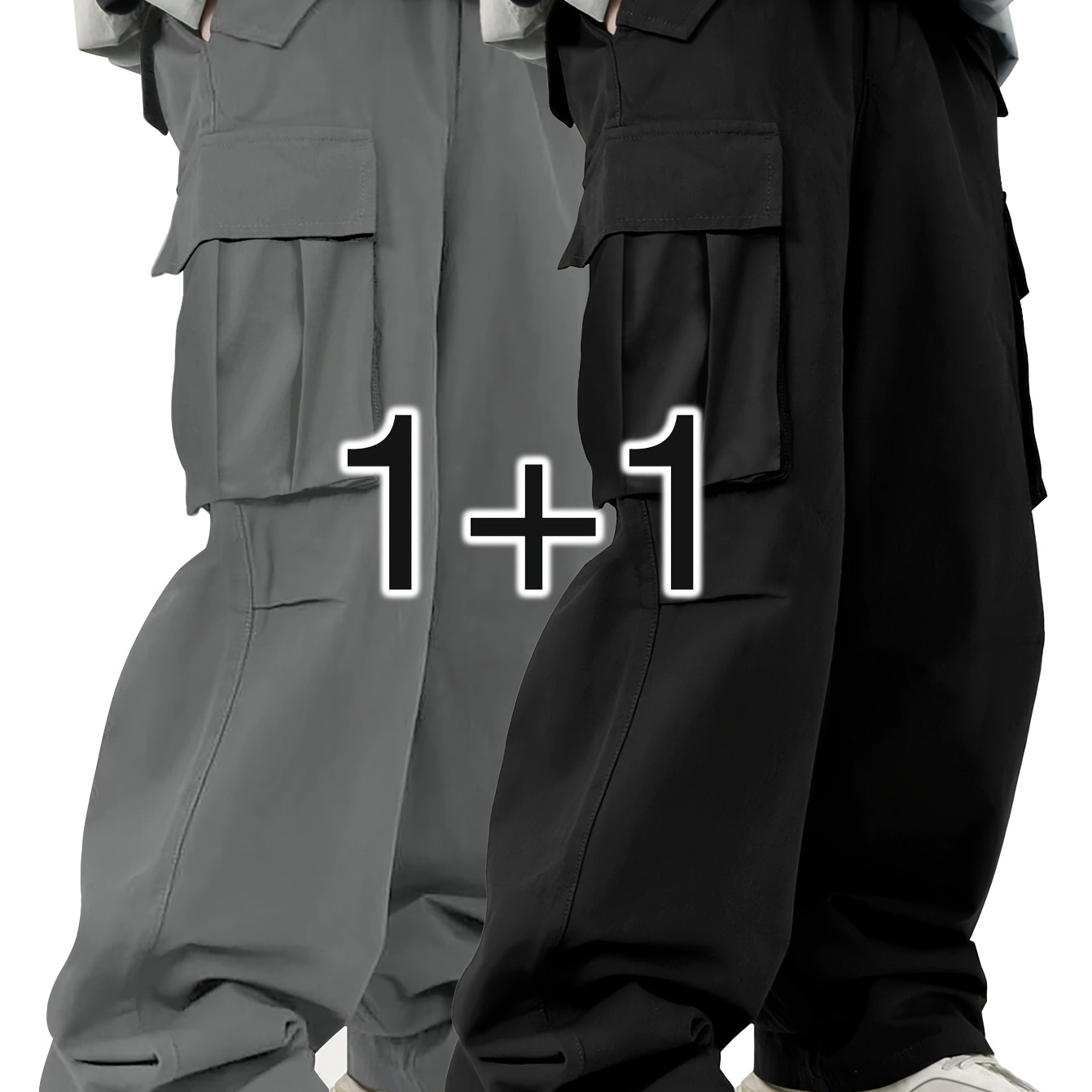 

2pcs Men's Casual Cargo Pants With Flap Pockets - Solid Color, Loose Fit, Polyester, Machine Washable