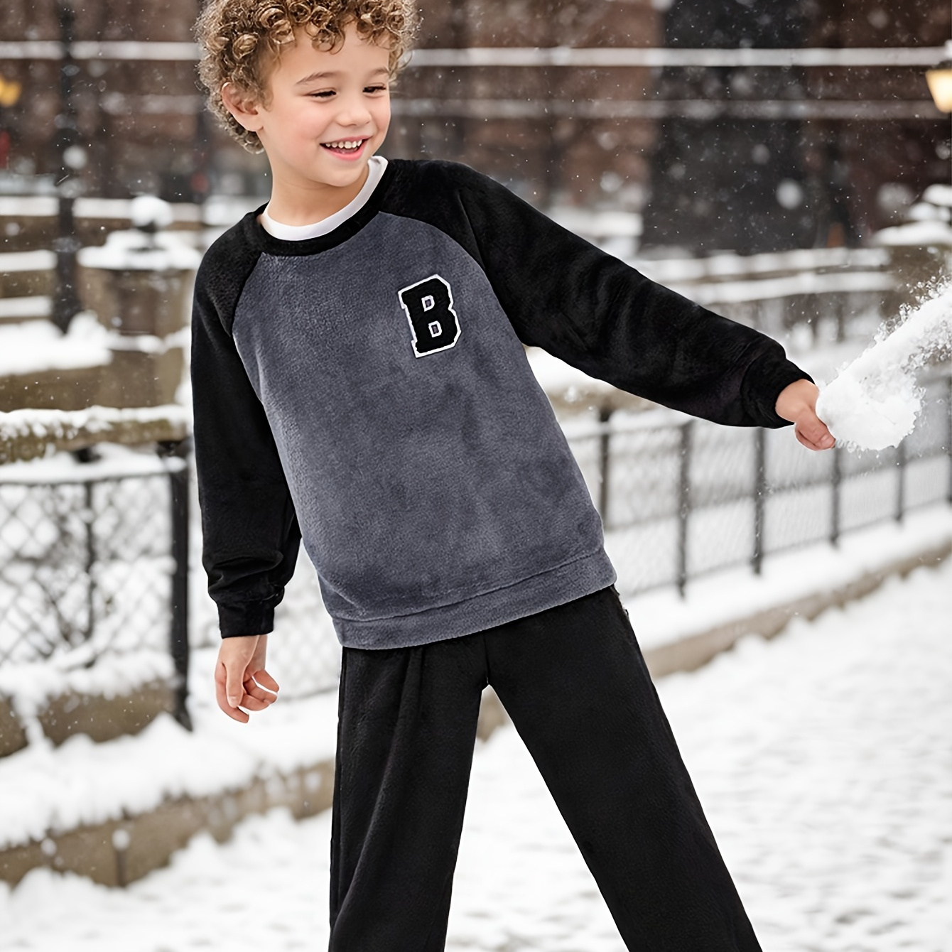 

2pcs Boys B Patched Fleece Long Sleeve Sweatshirt&sweatpants , Kids Fall Clothes For &