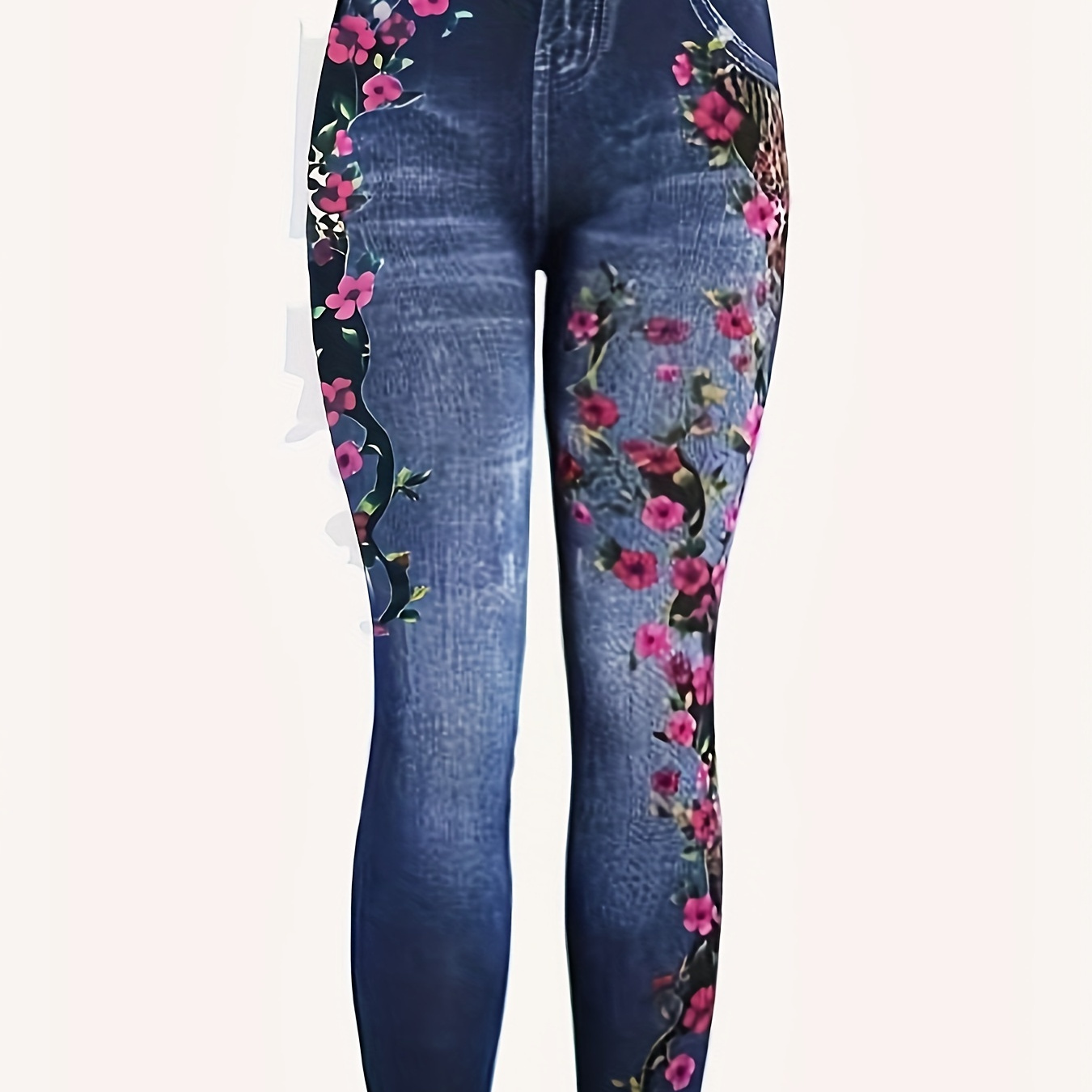 

Imitated Denim Floral Print Leggings, Casual High Waist Skinny Leggings For All-season, Women's Clothing