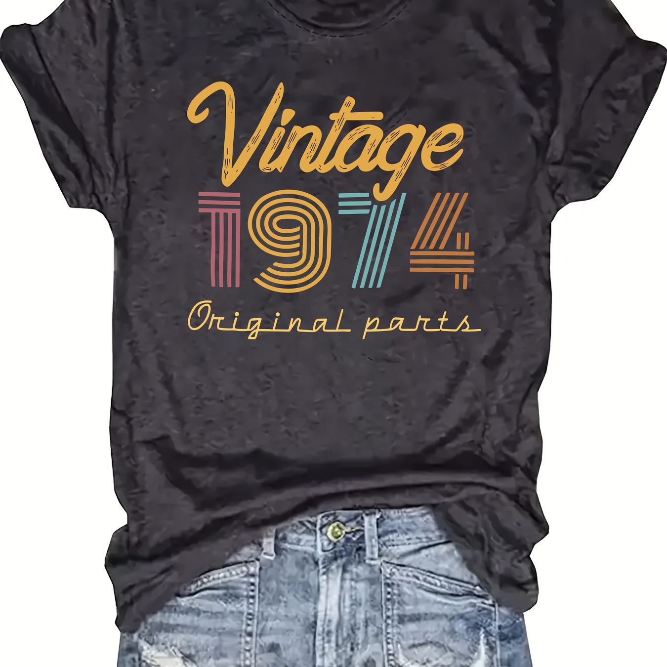 

Vintage 1974 Letter Print T-shirt, Short Sleeve Crew Neck Casual Top For Summer & Spring, Women's Clothing