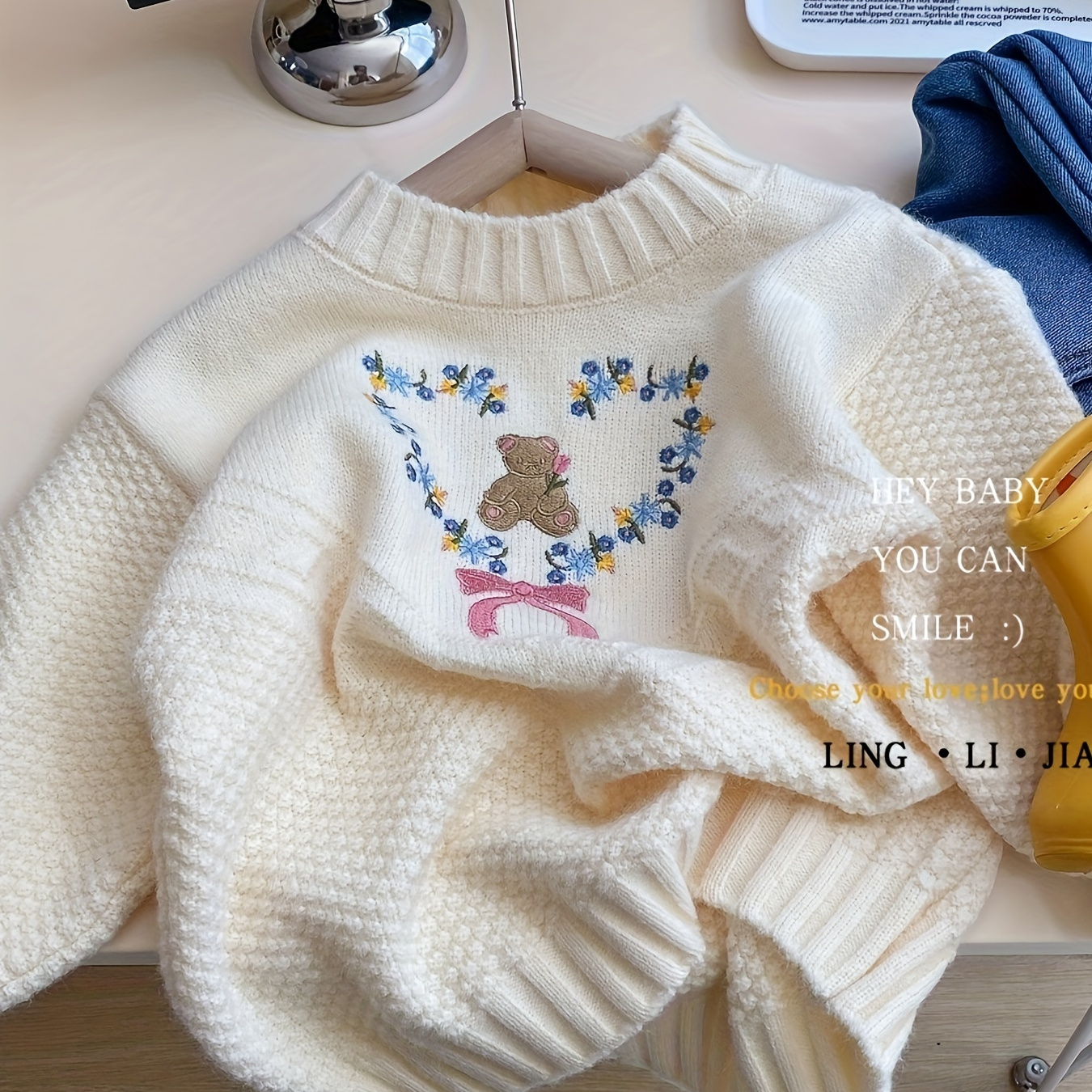 

Sweet Bear Pattern Crew Neck Knitted Sweaters For Girls, Fall/ Winter Warm Jumper Tops Kids Clothes