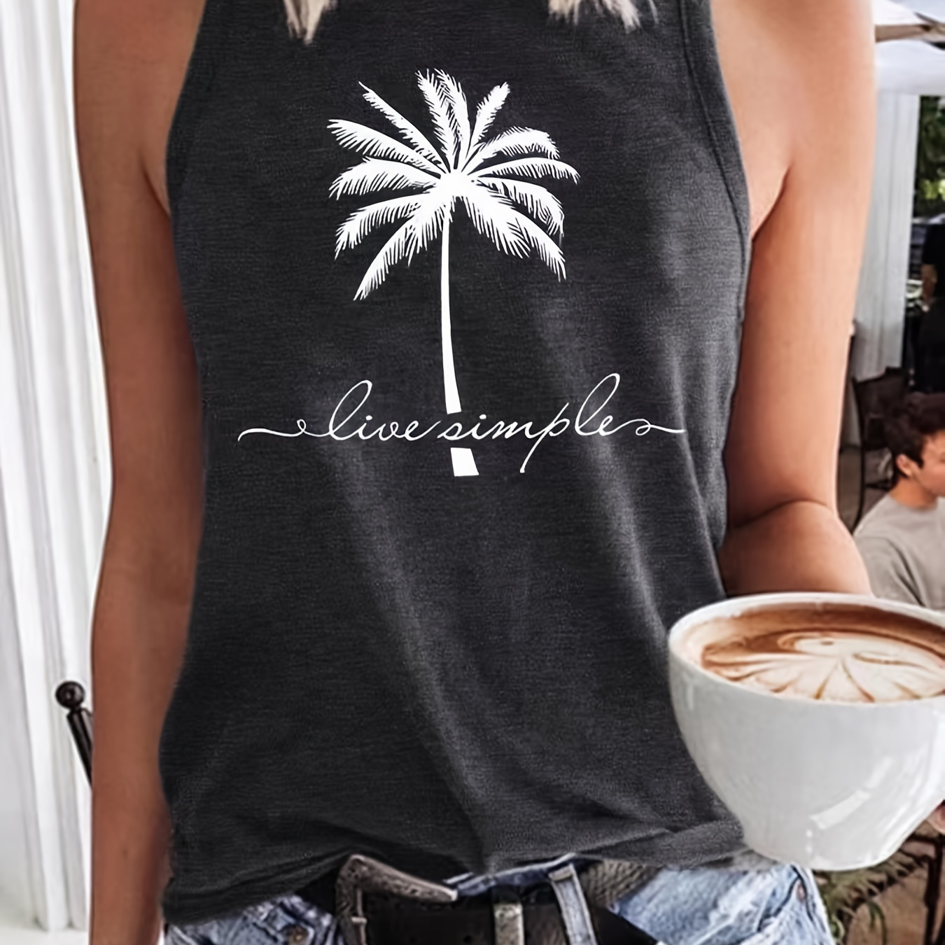 

Coconut Tree Graphic & Letter Print Crew Neck Tank Top, Casual Fashion Sleeveless Loose Beach Tank Top, Women's Clothing