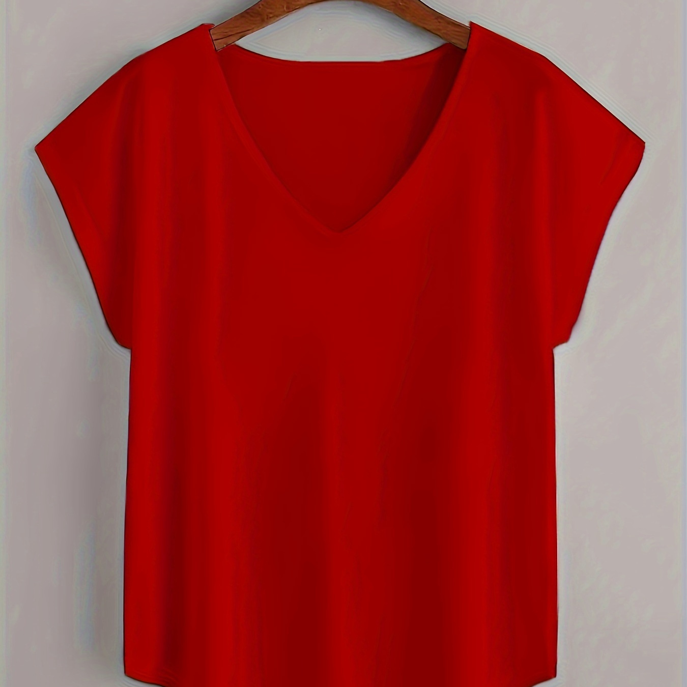 

T-shirt grande taille à manches chauve-souris, haut décontracté à col en V de couleur unie pour le printemps et l'été, vêtements grande taille pour femmes