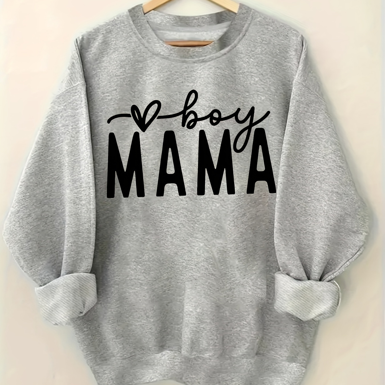 

Boy Mama Print Sweatshirt, Crew Neck Casual Sweatshirt For Fall & Spring, Women's Clothing