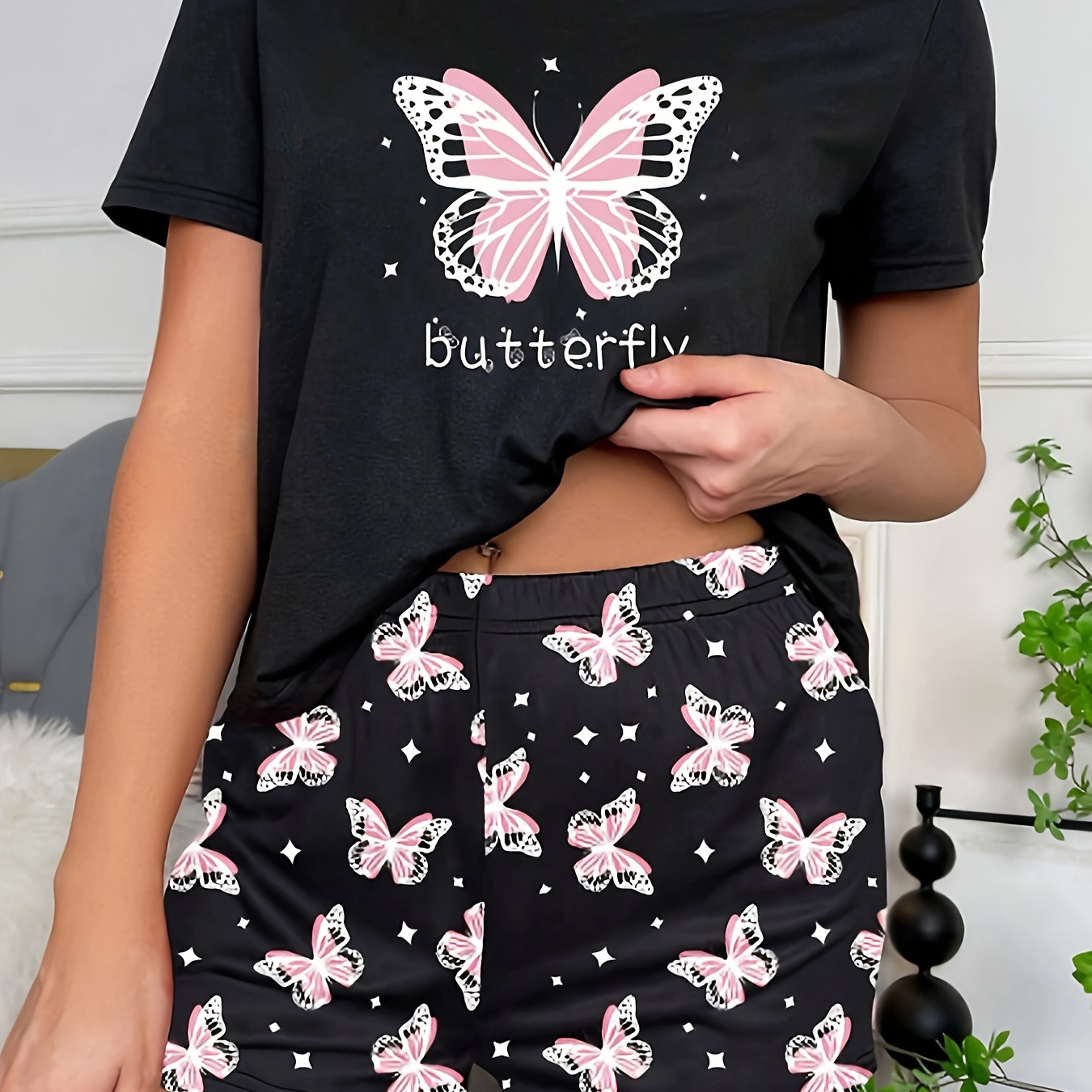 

Butterfly & Letter Print Pajama Set, Casual Short Sleeve Round Neck Top & Elastic Shorts, Women's Sleepwear