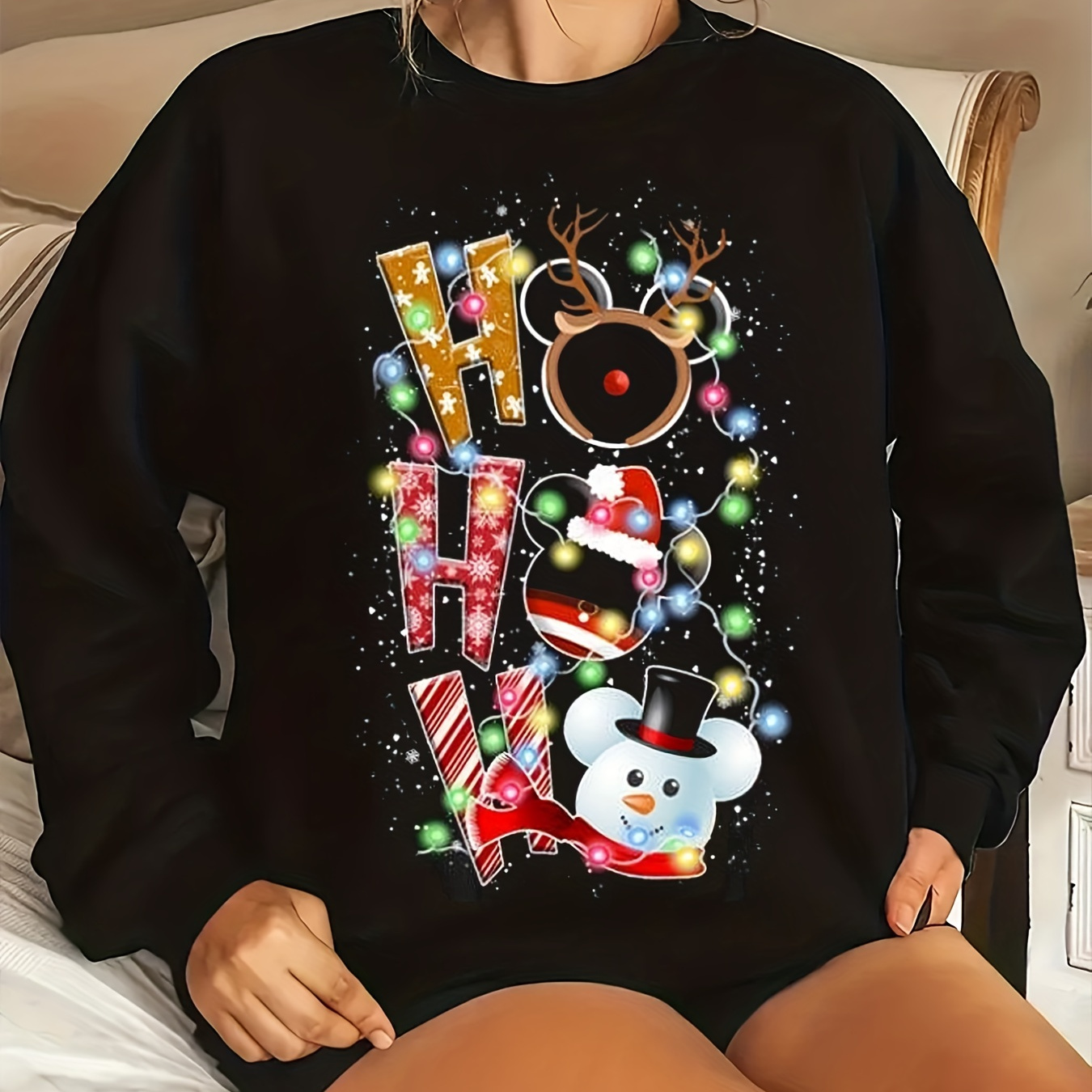 

Plus Size Christmas Casual Sweatshirt, Women's Plus Graphic & Letter Print Long Sleeve Round Neck Sweatshirt