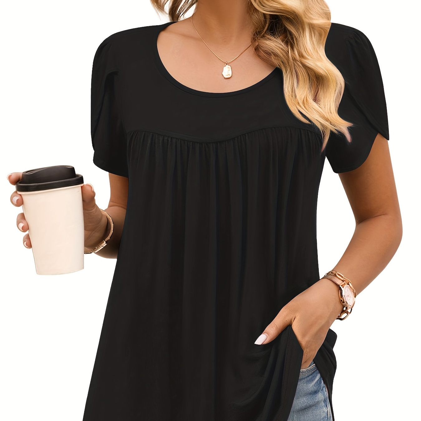 

Solid Pleated Crew Neck T-shirt, Casual Petal Sleeve Top For Spring & Summer, Women's Clothing
