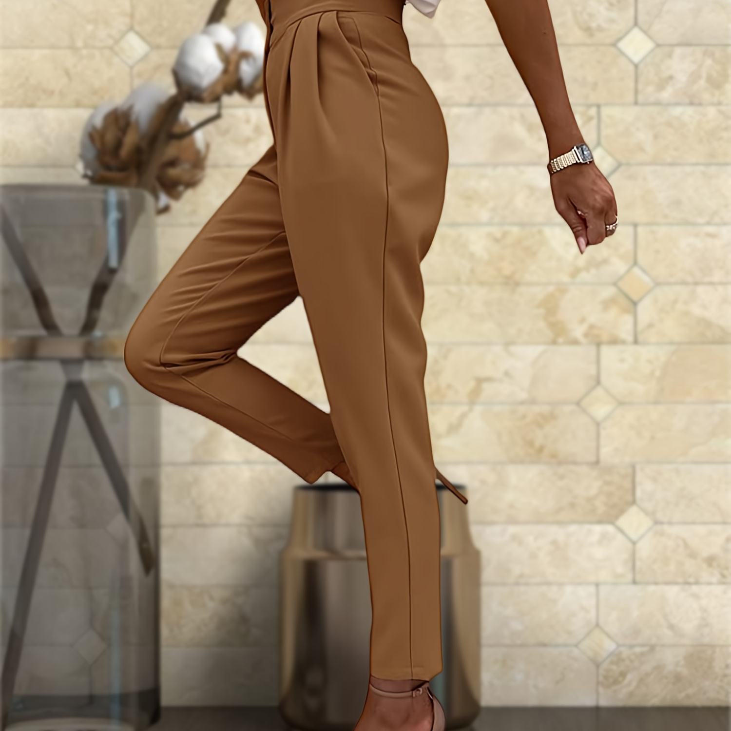 

Women Casual High Waisted Pants Straight Leg Work Office Dress Pants Fold Pleated Trousers With Pockets