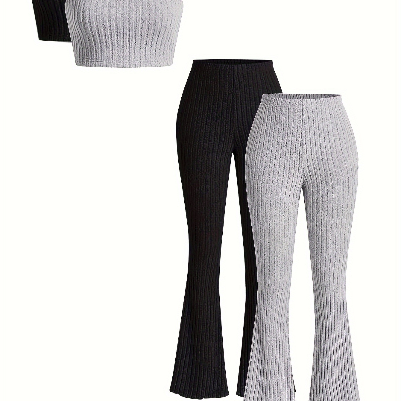 

2 Packs Casual Solid Two-piece Set, Crop Tube Top & Flare Leg Pants Outfits, Women's Clothing