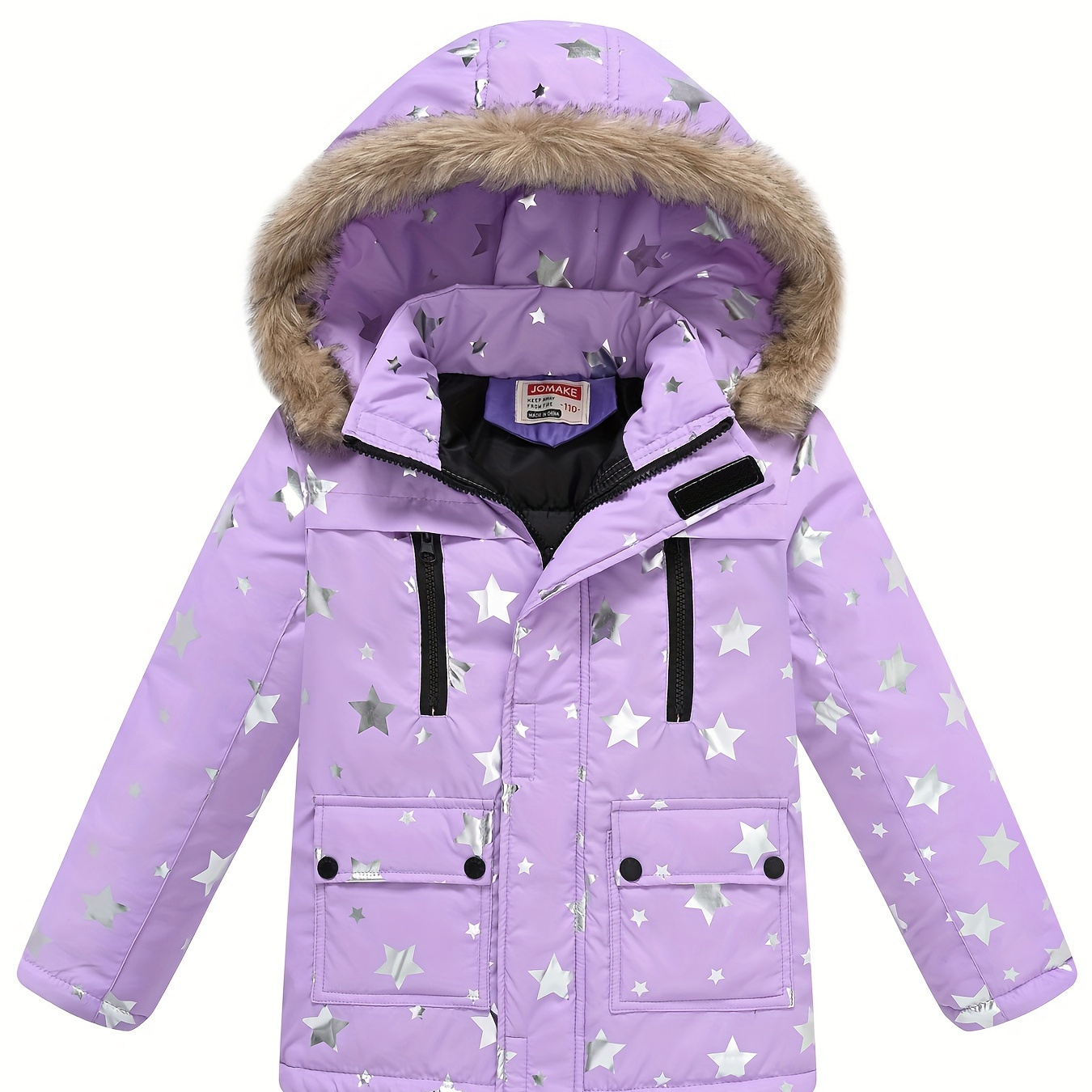 

Stars/ Dots Full Print Hooded Coat For Girls, Thick Padded Warm Detachable Hood Zip-up Casual Parkas For Winter/fall